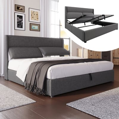 Tweepersoonsbed 140x200 cm met verstelbare hoofdbord - met opbergruimte - grijs - zonder matras
