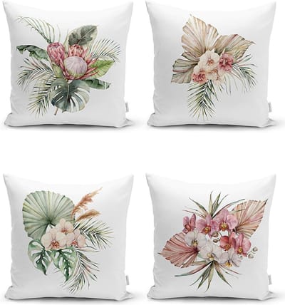 Zethome Kussenhoes Vierkantjes - Dubbelzijdig Bedrukt – Soft Touch – 43 x 43 Exotisch blad - 4 stuk