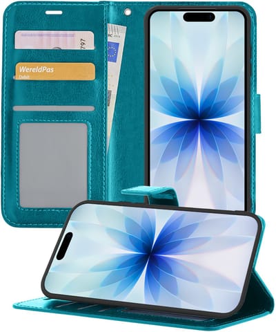 Hoesje - Geschikt voor Apple iPhone 17 - Luxe Bookcase - Walletcase Hoes - Portemonnee - Cover - Telefoonhoes - Turquoise