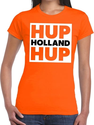 Nederland supporter t-shirt Hup Holland Hup in vierkant oranje voor dames - landen kleding XS