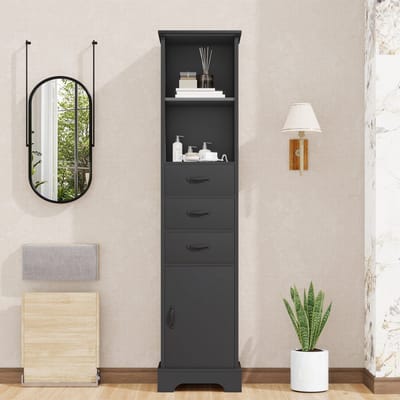 Wishdor - Badkamerkast - Met Open Vakken, Drie Laden, Deur En Verstelbare Plank - Modern - Voor Badkamer - MDF Met Gelakte En Vochtbestendige Afwerking - Zwart - Rechthoekig - 38 X 26 X 172,5 Cm