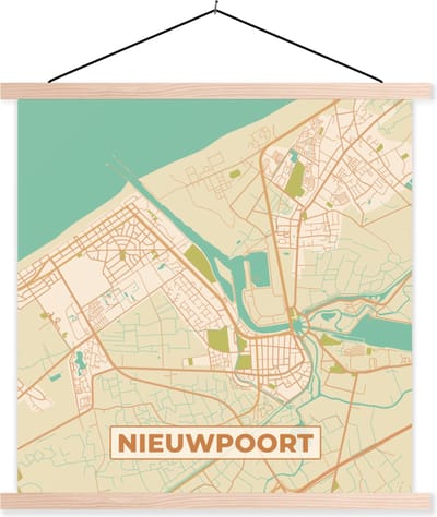Posterhanger incl. Poster 40x40 cm - Schoolplaat - Kaart - Plattegrond - Stadskaart - Vintage - Nieuwpoort - Textielposter - Blanke latten - Stadskaart