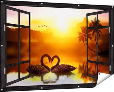 Gards Tuinposter Doorkijk Twee Zwarte Zwanen in een Hart Vorm - 150x100 cm - Tuindoek - Tuindecoratie - Wanddecoratie buiten - Tuinschilderij
