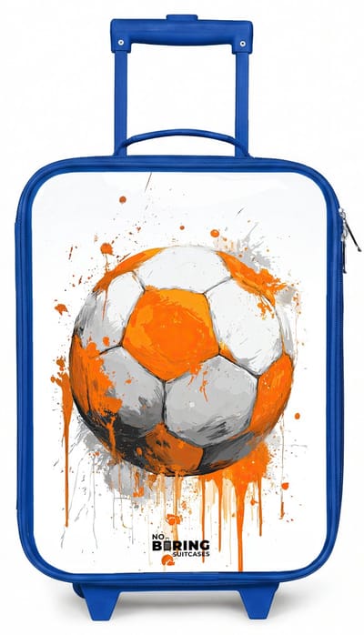 NoBoringSuitcases.com® - Kinderkoffer blauw - Kindertrolley jongen - Voetbal - Verf - Oranje - Koffer kind lichtgewicht - Reiskoffer trolley voor kinderen - Koffertje met lichtgevende wieltjes - Rolkoffer