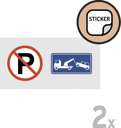 Pictogram/ stickers (2x) | Stilstaan en parkeren verboden/ Wegsleepregeling | 20 x 10 cm | Grijs | Universeel | Geen taal | 2 stuks