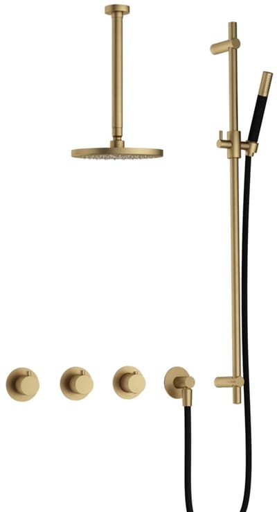 Hotbath Cobber IBS70 inbouw regendoucheset met staafhanddouche aan glijstang en 20cm ronde hoofddouche aan 30cm plafondarm geborsteld messing