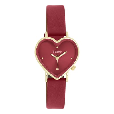 OOZOO Timepieces - Goudkleurige OOZOO horloge met bordeaux rode leren band - C11454