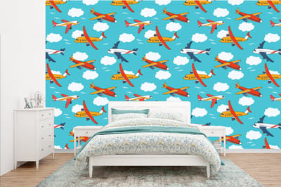 Behang - Fotobehang Patronen - Vliegtuig - Wolk - Lucht - Jongen - Kindje - Kinderen - Kids - Breedte 385 cm x hoogte 240 cm