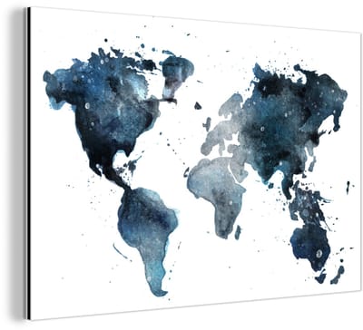 Aluminium schilderij 150x100 cm - Wanddecoratie metaal - Wereldkaart - Blauw - Abstract - Metalen muurdecoratie woonkamer - Decoratie industrieel - Foto op dibond - Industriële accessoires slaapkamer