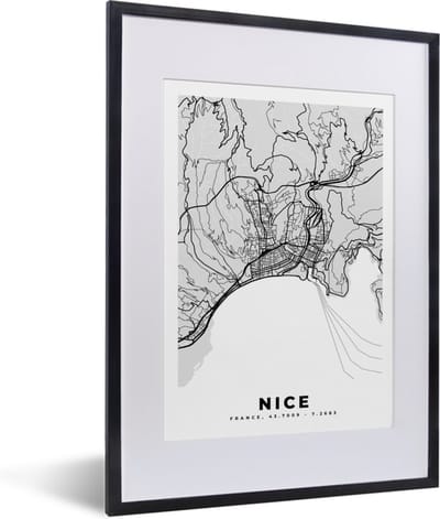 Fotolijst incl. Poster - Kaart - Frankrijk - Stadskaart - Plattegrond - Nice - 30x40 cm - Posterlijst