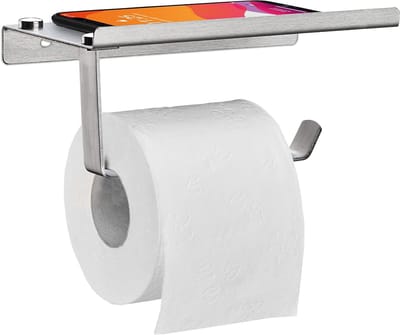 Famanu – Toiletrolhouder met plank voor wandmontage, geborsteld roestvrij staal, compact formaat, zilverkleurig