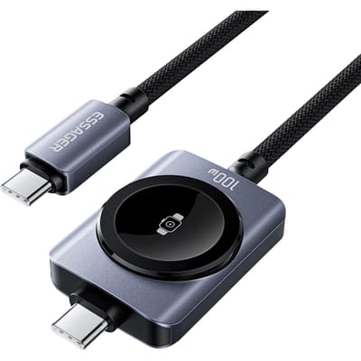 Essager 2-in-1 USB-C naar USB-C Kabel 100W Apple Watch Oplader Zwart