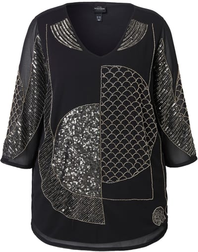 Ulla Popken - Dames - Chiffon blouse pailletten/kraaltjes V-hals 3/4-mouwen - Zwart - Maat 42+