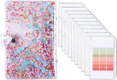 Budget Planner met Transparante Sequins Cover, 8 Rits Geld Enveloppen en Labels, Geldbesparende Organiser Notebook voor Financieel Beheer