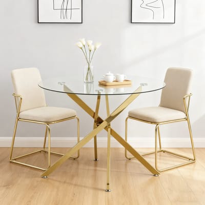MODFU Eettafel - Gehard Glazen Blad - Kruispoot - Minimalistisch - Eetkamer - Glas En Metaal - Goud