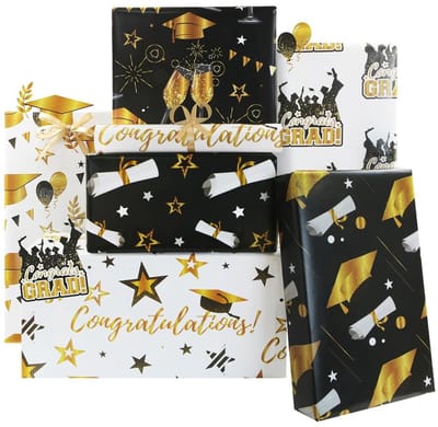 Dailygoods- Cadeaupapier Afstuderen - 6 Vellen - 50 x 70 cm - Zwart/Wit/Goud - Inclusief Gouden Lint - Premium Verpakking - Inpakpapier