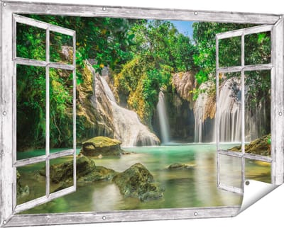 Gards Tuinposter Doorkijk Tropische Waterval - 150x100 cm - Tuindoek - Tuindecoratie - Wanddecoratie buiten - Tuinschilderij