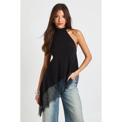 boohoo Dames Slinky Hoge Hals Kant Asymmetrische Zoom Top | Zwart | Maat: 36