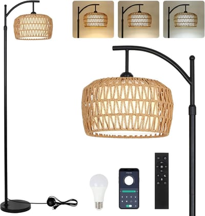 Dimbare Rotan Vloerlamp - Afstandsbediening - Boho Stijl - Moderne Verlichting - Slaapkamer en Kantoor - Zwarte Booglamp