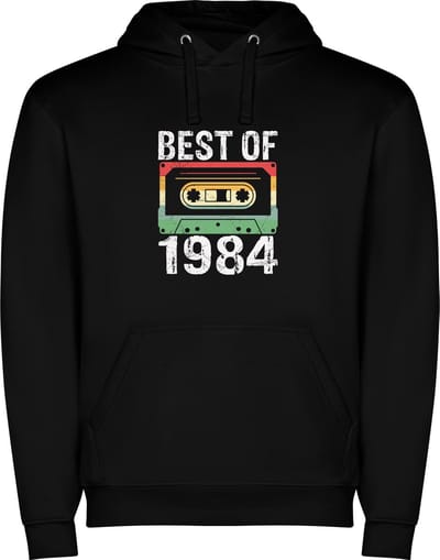 Zwarte unisex hoodie met “ Kleurrijke Best of 1984 – Leeftijd – Verjaardag – Humor – Cassettebandje “ Print Full Color Color merk Roly maat S