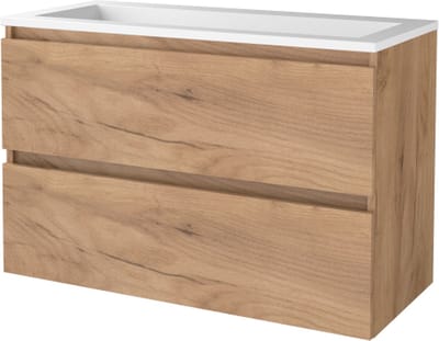Basic Start 46 badmeubelset met greeploze wastafelonderkast met 2 lades en acryl wastafel zonder kraangaten 100 x 46 cm, whisky oak