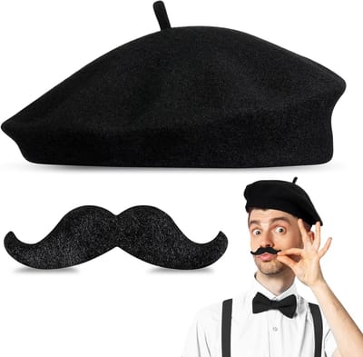 Frans Kostuum voor Mannen met Beret en Zelfklevende Valse Snor - Carnaval Accessoires voor Volwassenen, Unisex, Feestkleding