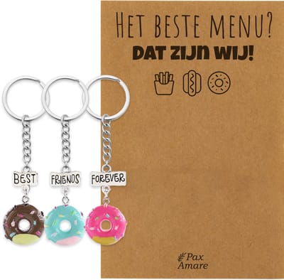 BFF Sleutelhanger voor 3 'He beste Menu, dat zijn wij' - Donuts - Sleutelhanger set op Cadeau Kaartje - Zilverkleurig - Vriendschap Symbool - Pax Amare
