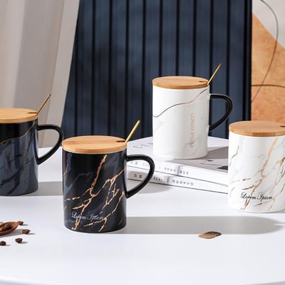 Tasse en Céramique Nordique avec Couvercle Cuillère Texture Marbre Grande Capacité Mug Personnalité Unique Ins Bureau Tasse à Eau Durable 430ML
