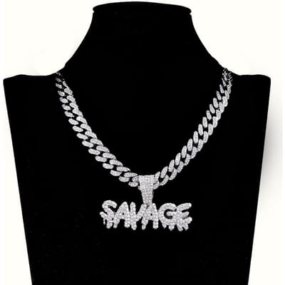 Heren Dames Hip Hop SAVAGE Letters Hanger Ketting met 13mm Cubaanse Ketting Iced Out Bling HipHop Kettingen Mode Bedel Sieraden 24inch   60cm gray