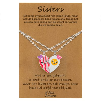 BFF Ketting voor 2 'Sisters' - Magnetisch Hartje Bacon & Ei - Vriendschapsketting op Cadeau Kaartje - 45cm + 5cm verstelbaar - Zilverkleurig - Best Friends Hanger - Pax Amare