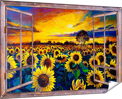 Gards Tuinposter Doorkijk Getekende Zonnebloemen Veld met Olieverf - 180x120 cm - Tuindoek - Tuindecoratie - Wanddecoratie buiten - Tuinschilderij