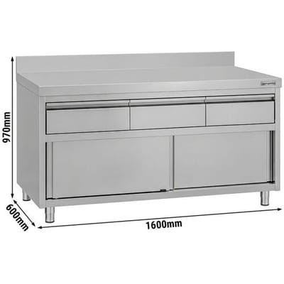 GGM Gastro Edelstahl Arbeitsschrank ECO - 1600x600mm - mit Aufkantung - mit 3 Schubladen & Schiebetür