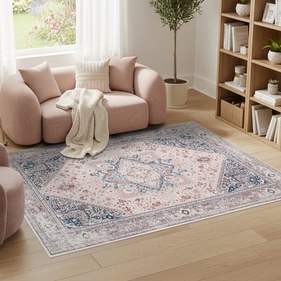 Tapiso Nora Vloerkleed Vintage Woonkamer Kleed Beige-Blauw Oriëntaals Design Laagpolig Antislip Vlekbestendig Tapijt Voor Slaapkamer Eetkamer Hal Easy Care OEKO TEX - 80x150