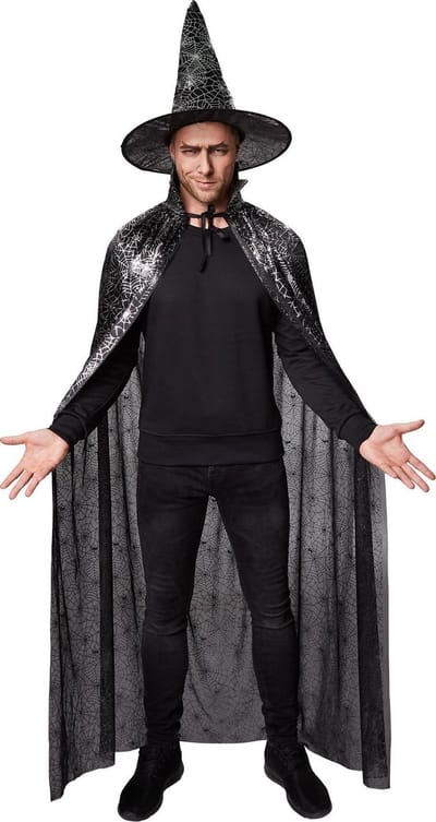 dressforfun - Unisex volwassenen set hoed en cape spinnenweb 120 cm - verkleedkleding kostuum halloween verkleden feestkleding carnavalskleding carnaval feestkledij partykleding - 301654