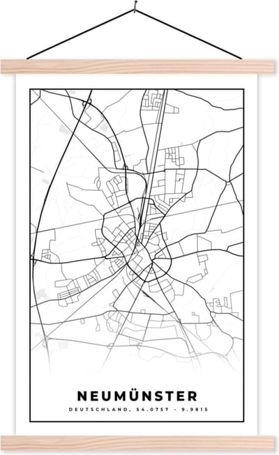Posterhanger incl. Poster 40x60 cm - Schoolplaat - Plattegrond - Neumünster - Kaart - Stadskaart - Textielposter - Blanke latten - Stadskaart