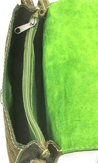Hillburry Leren Schoudertasje - Festivaltasje met Bloemenmotief groen - B18cm x H12cm -B3279f