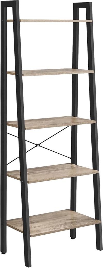 VASAGLE Boekenkast met 5 lagen, ladderplank, staande plank, voor woonkamer, slaapkamer, keuken, thuiskantoor, industrieel ontwerp, stalen frame, kameelbruin/zwart LLS045B50