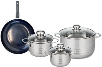Set van 1 Koekenpan 24 cm en 3 kookpotten 14, 16 en 24 cm Elo Prima Glanzend