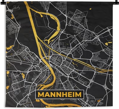 Wandkleed - Wanddoek - Mannheim - Goud - Plattegrond - Stadskaart - Kaart - Duitsland - 180x180 cm - Wandtapijt