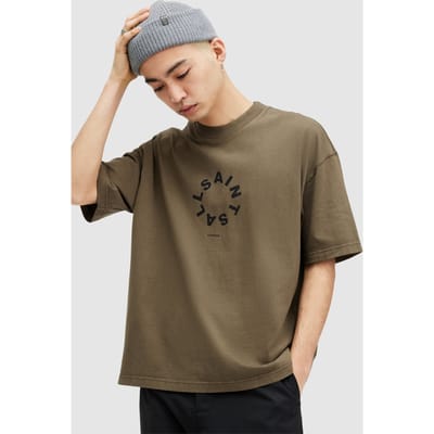 AllSaints Tierra Ss Crew Ash Khaki Green Größe: L | Bedruckte T-Shirts Outlet | Herren | Braun