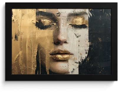 Poster in lijst - Fotolijst 30x20 cm - Posters - Abstract - Goud - Gezicht - Lippen - Posterlijst zwart - Decoratie - Wanddecoratie woonkamer - Muurdecoratie slaapkamer