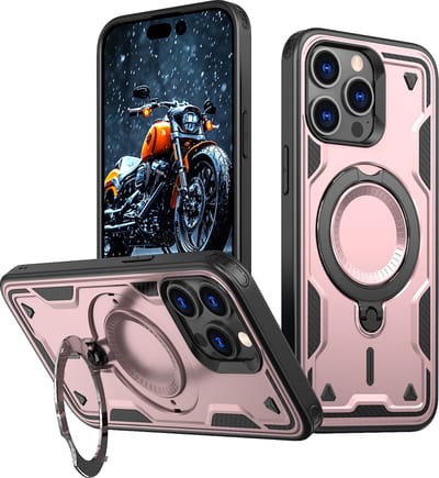 Magsafe Hoesje Geschikt voor iPhone 15 Pro Hoesje Rose Goud - Armor Hoesje met Met Draaibare Ring Houder