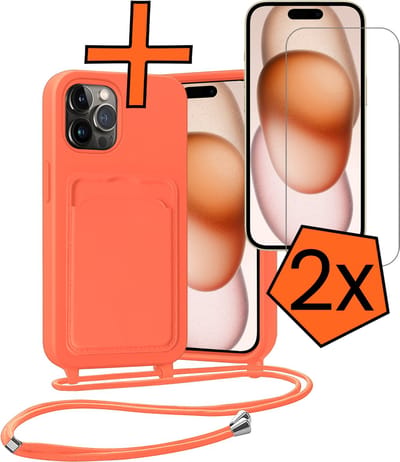 Hoesje Geschikt voor iPhone 14 Pro Max Hoesje Met Telefoonketting Pasjeshouder Case Met 2x Screenprotector Koord - Hoesje Geschikt voor iPhone 14 Pro Max Hoes Met Kaarthouder - Papaya