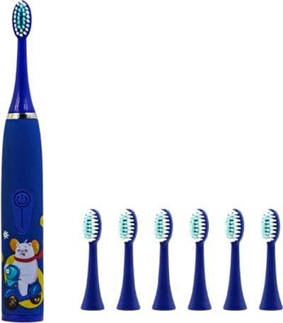 Ynkkvre -Elektrische Kinderzahnbürste - IpX7 Waterdicht - Trillingsarme Geluidsgolven Voor Gevoelig Tandvlees - 6 borstelkoppen - Voor Kinderen Vanaf 6 Jaar blauw