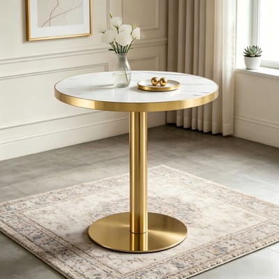 Bijzettafel - Ronde Tafel Met Marmerlook En UV-Coating - Luxe Voor Woonkamer En Slaapkamer - MDF En Roestvrij Staal - 60x60x74 Cm - Wit Goud