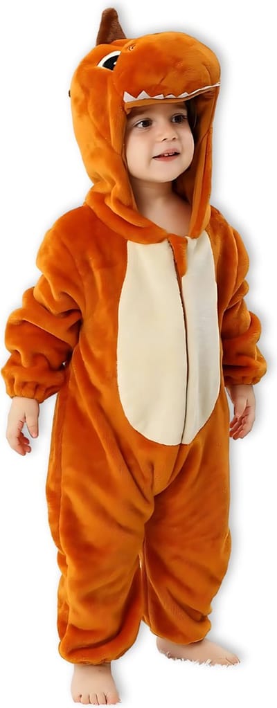 BoefieBoef Dinosaurus bruin Dieren Baby Onesie Peuter Pyjama Kinderen 2-4 jaar 6 maanden tot 2 jaar – Verkleedkleding met Luierrits – Voor Carnaval, Kerst- en Kraamcadeau – Flanel - Romper - Boxpak - Jongen - Meisje - Kruippak - Winterpak