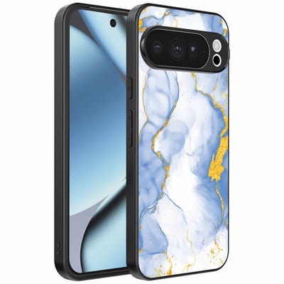 Geschikt voor Google Pixel 10 Pro Telefoonhoesje met Lichtblauw Goud Marmer Opdruk - TPU Backcover Case Lightblue Gold Marble Design - Smartphonica geschikt voor Google Pixel 10 Pro