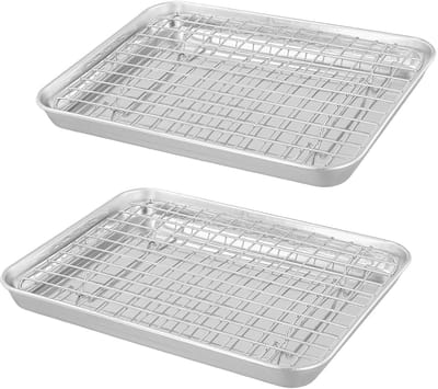 Dailygoods- Bakplaat 25x20x3 cm - Roestvrijstalen Bakplaat - Bakplaat met Draadrek - Bakplaat voor Oven - Set van 4 - Geschikt voor Koken en Serveren - Ovenplaat