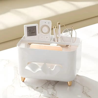Organizer - Tissue Box - Tissuebox houder - Tissue box vierkant - Vierkante plastic tissuehouder - Multifunctionele bureau-organizer - Voor afstandsbediening - Diverse opbergboxen - Voor tafelblad - Badkamer - Kantoor