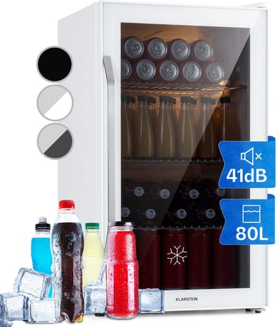 Klarstein Drankkoeler minikoelkast met glazen deur, minikoelkast voor op de kamer, kleine met verstelbare schappen, kleine koelkast van 80 liter, stille koelkast voor binnen en buiten - Touch - Wit - RVS LED - Drankkoelkast